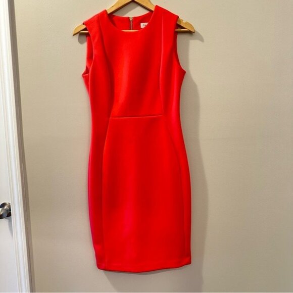 Calvin Klein Red Scuba Sleeveless Sheath Dress Size 4 Classic Office Chic - Picture 4 of 11